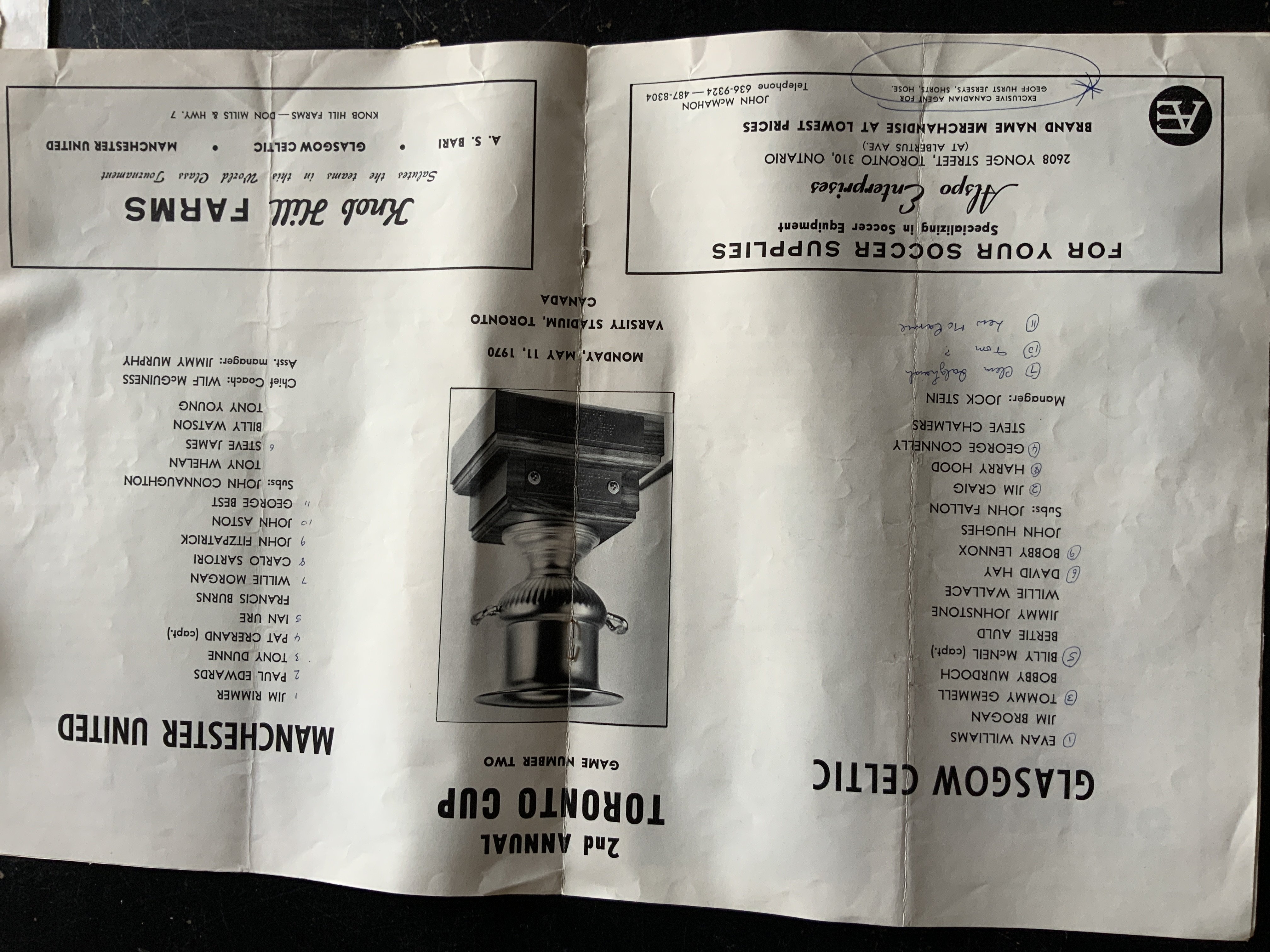 1970 Celtic v Manchester United Tour Football Programme: Played in Toronto on 11 5 1970. Tear to back page and fold. Team changes. Match report and insert for pre match dinner advert.