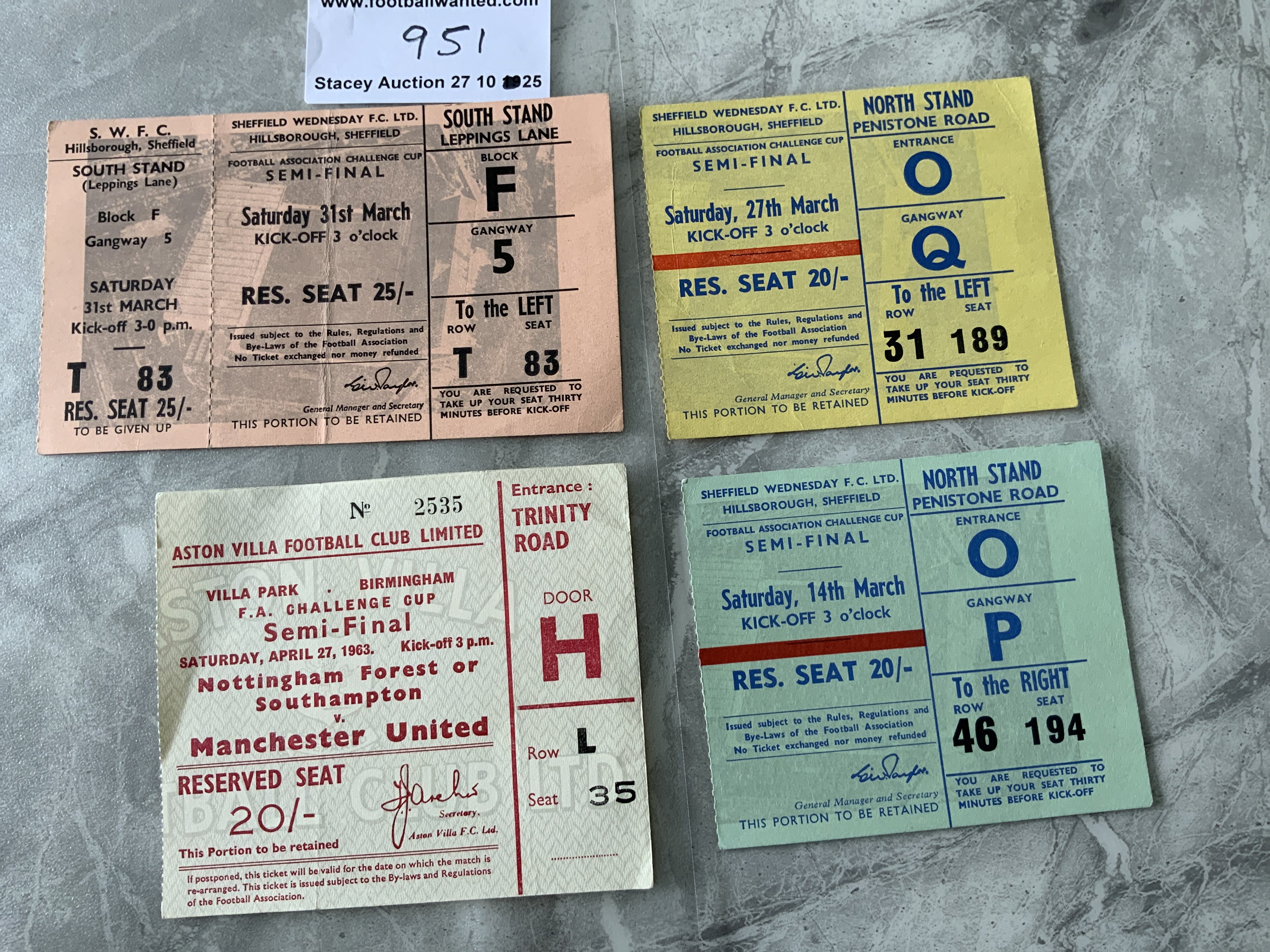 Manchester United FA Cup Semi Final Football Tickets: 1962 Tottenham unused, 1965 Leeds, 1963 Southampton, 1964 West Ham. Good. (4)