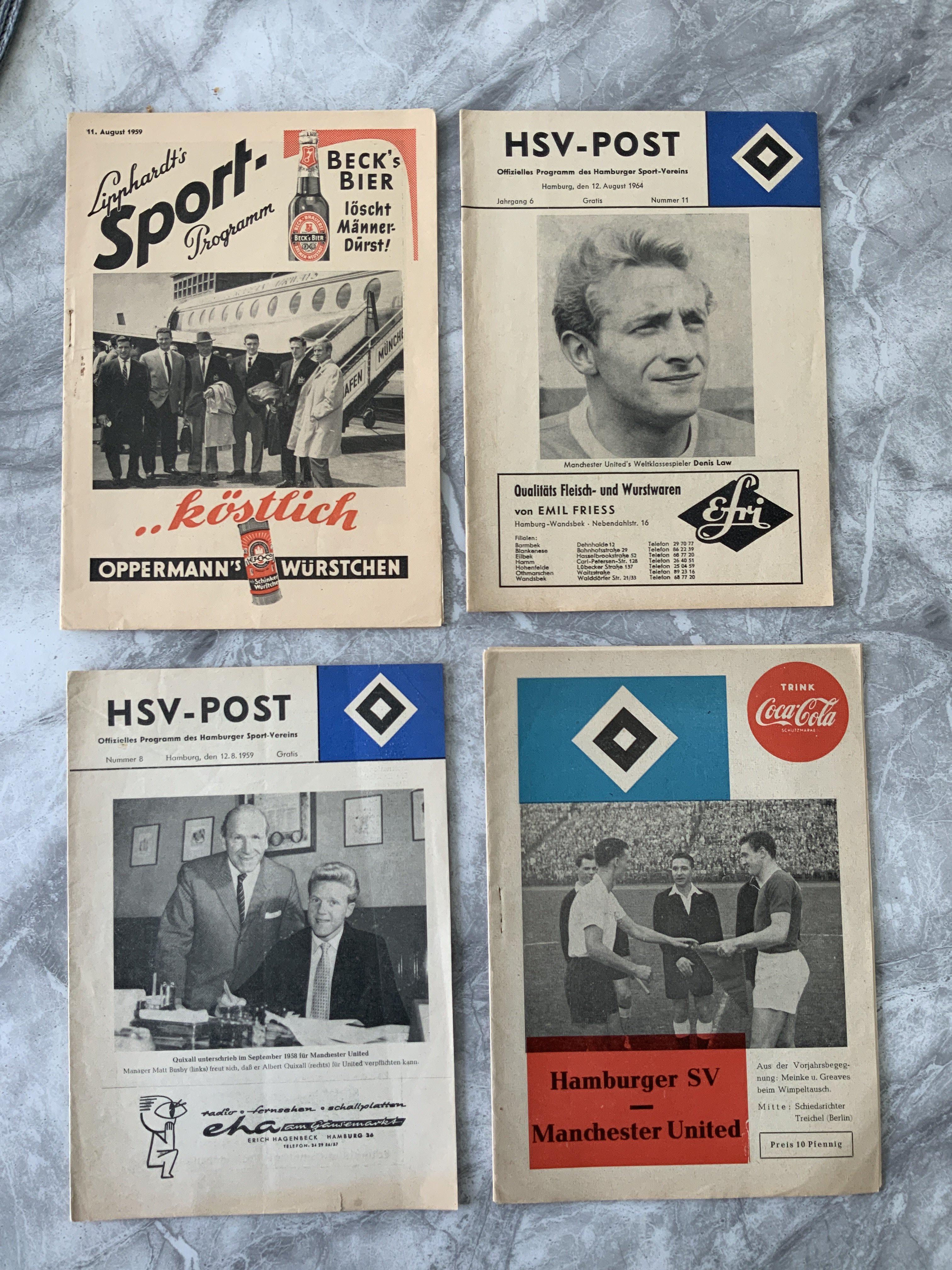 1959:Hamburg v Manchester United Football Programmes: 3 versions of the match dated 12 8 1959. Lipphardts Sport version plus the aptly named Harder version Sportprogramm. C/W HSV Post version. Also the HSV version for the match on 12 8 1964. Excellent. (4)