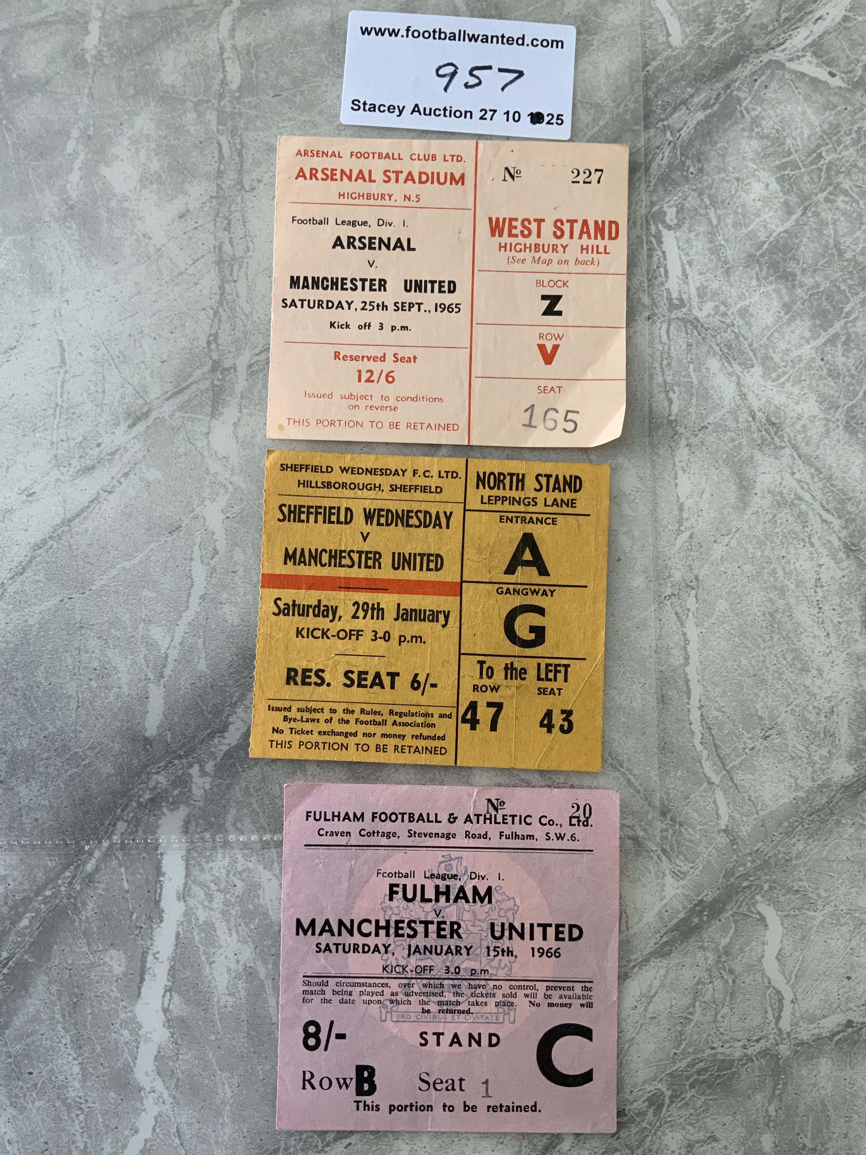 65/66 Manchester United Away Football Tickets: League matches at Arsenal Fulham and Sheffield Wednesday. Good. (3)