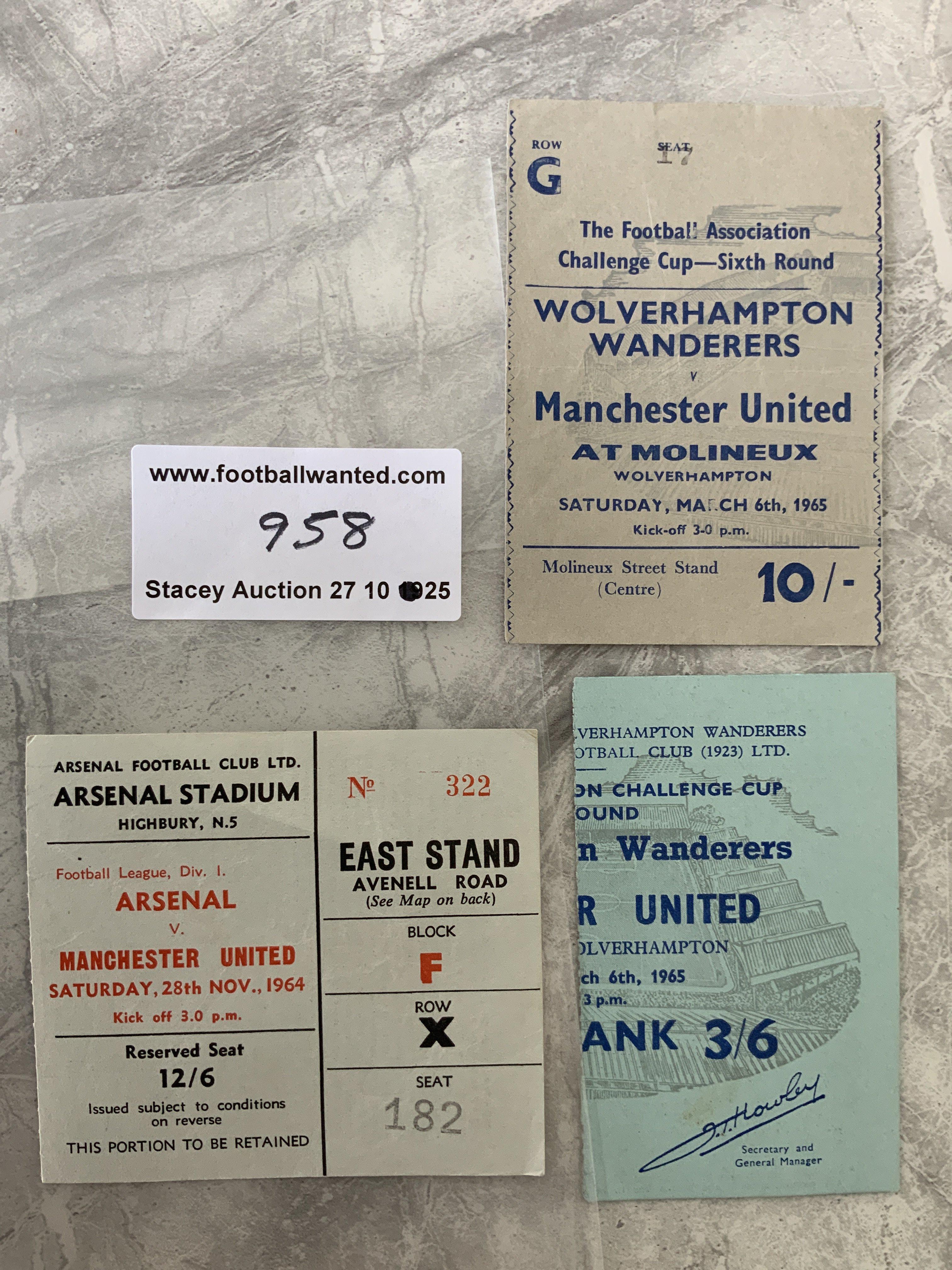 64/65 Manchester United Away Football Tickets: League match at Arsenal and 2 different style FA Cup at Wolves. Good. (3)