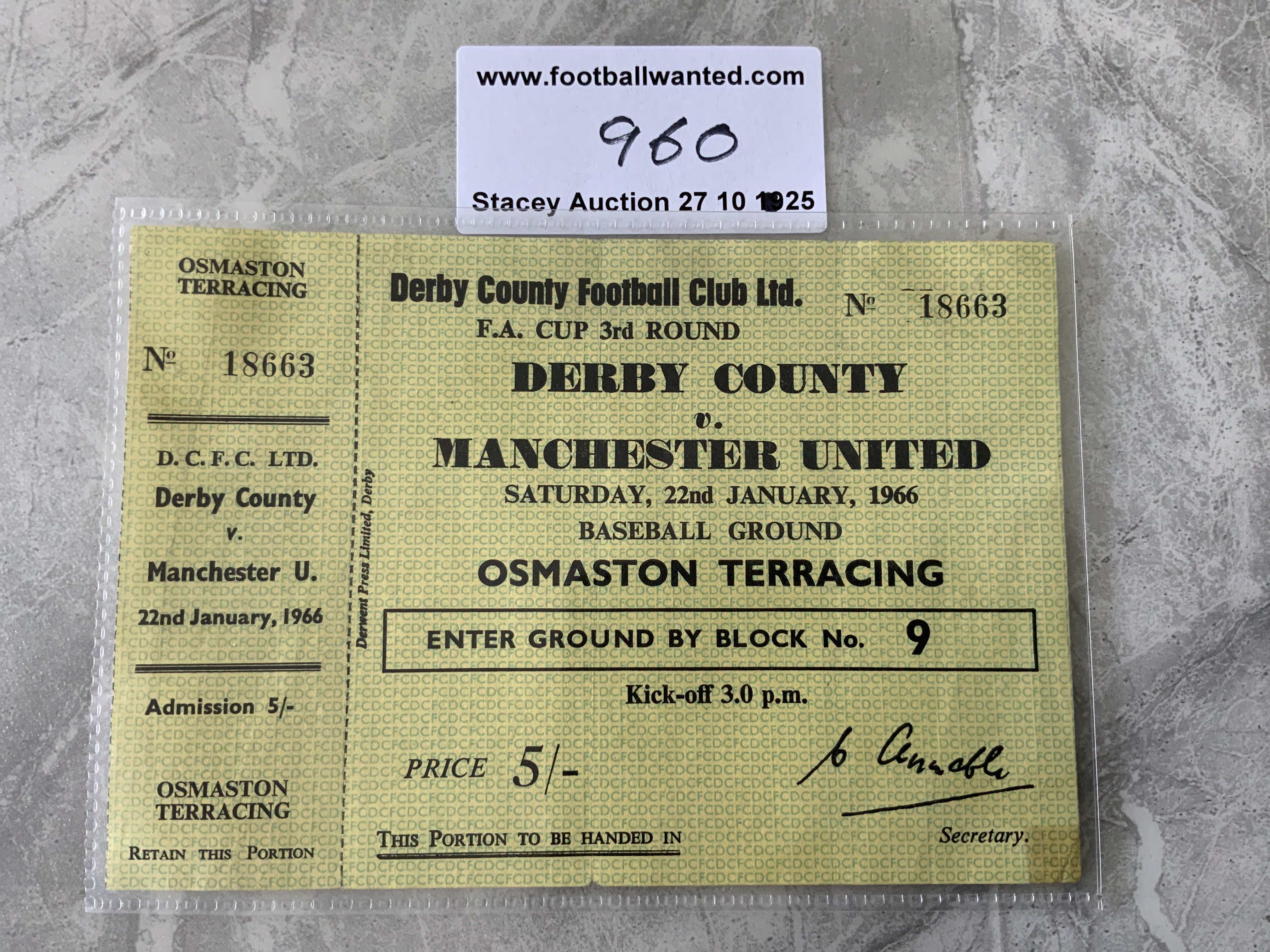 65/66 Derby County v Manchester United Football Ticket: Unused FA Cup match at Derby with counterfoil still attached. Good with fold.
