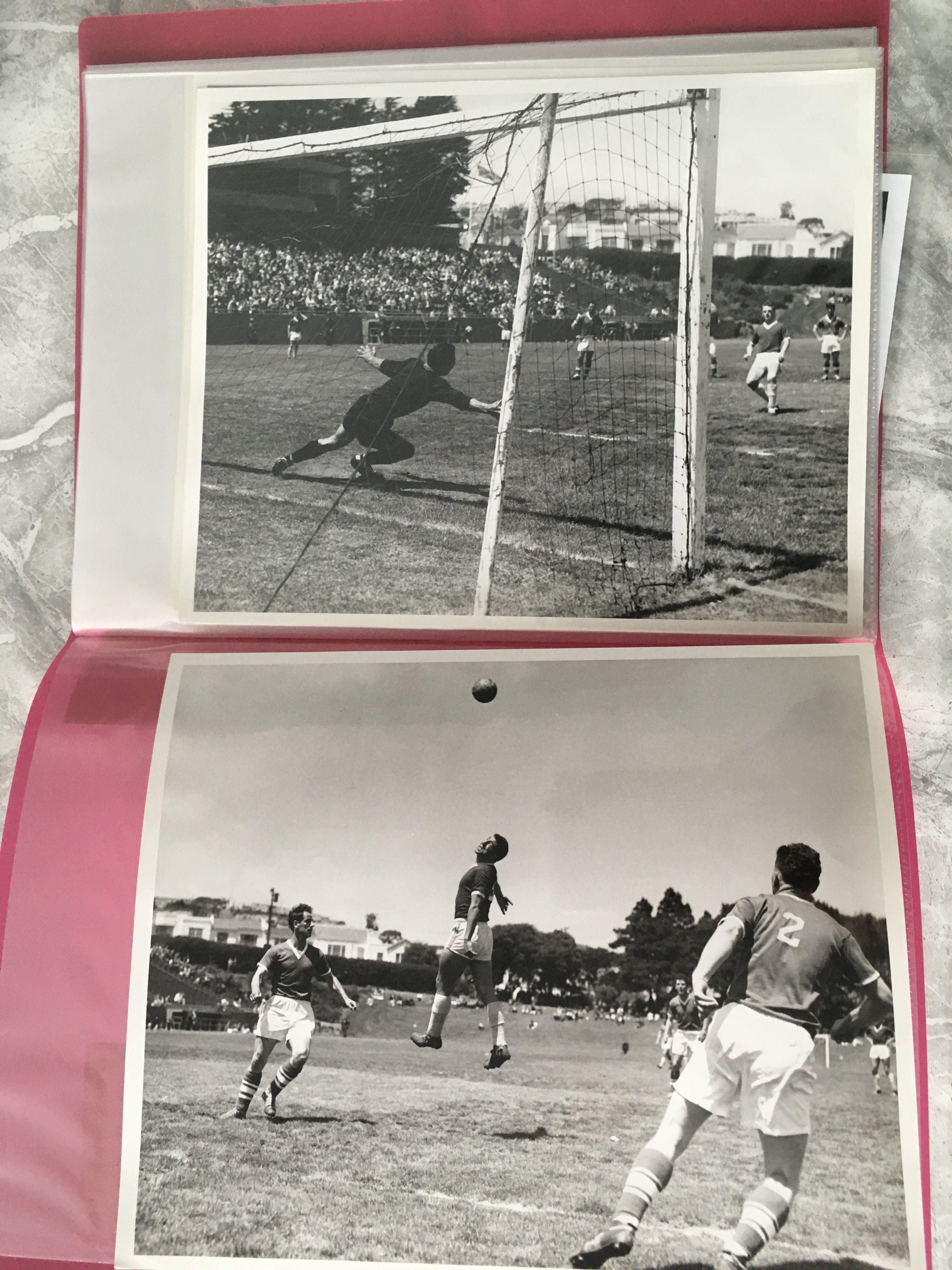 Manchester United 1960s Football Press Photos: Match action on a foreign tour possibly to Bilbao x 3, travelling party at a function, being greeted on the runway and Matt Busby mainly with Valencia press stamps. Additionally there are team groups, individual pictures and casual team line ups in Spain when they were visiting the filming of 55 Days In Peking. Large black and white photos are all from the press with only a couple not having stamps to rear. (18)