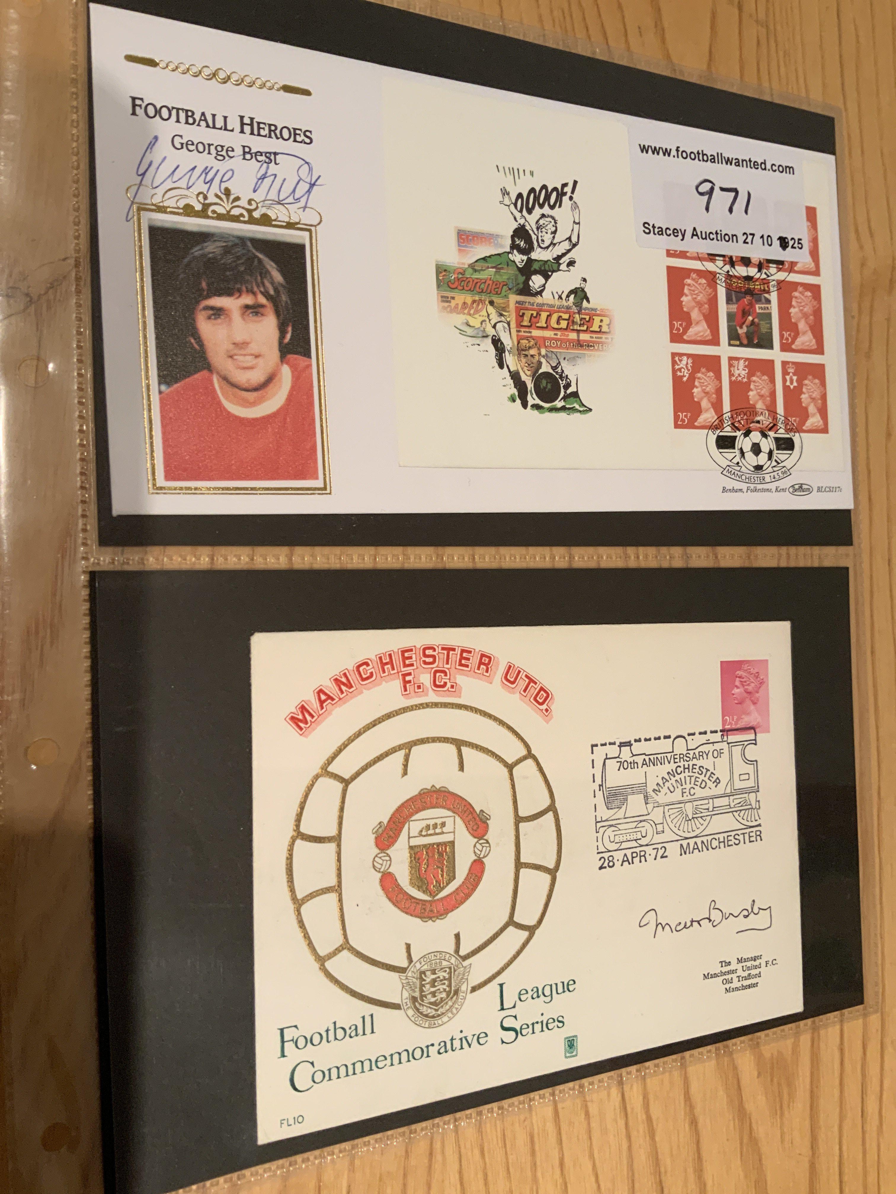 Best + Busby Manchester United Signed FDCs: 1972 70th anniversary First Day Cover signed by Matt Busby. C/W a 1990 British Football Heroes FDC signed by George Best. (2)