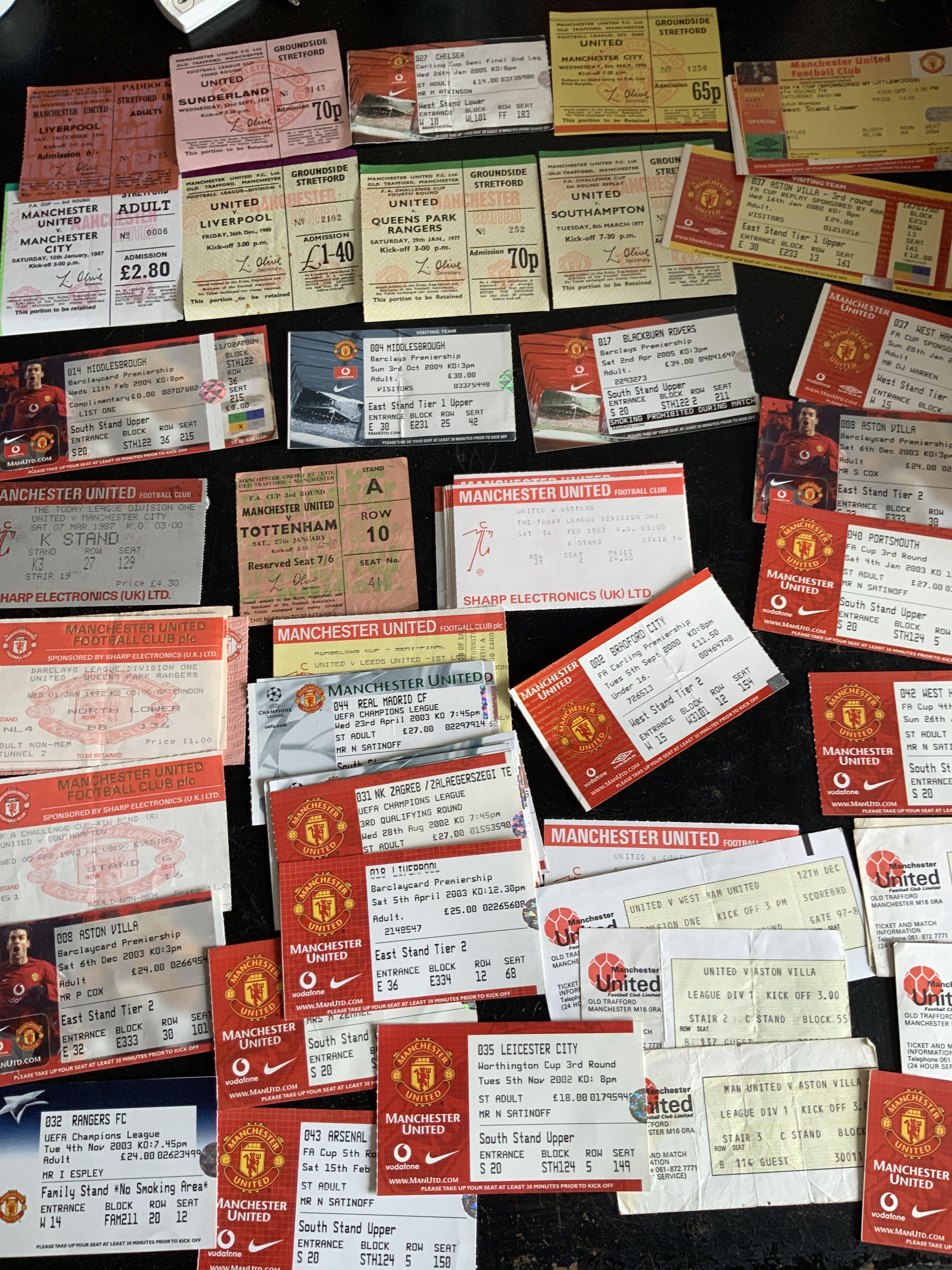 Manchester United Home Football Tickets: includes 76/77 QPR Aston Villa + Southampton from FA Cup winning season, Sunderland LC and many which are more modern. Good. (72)