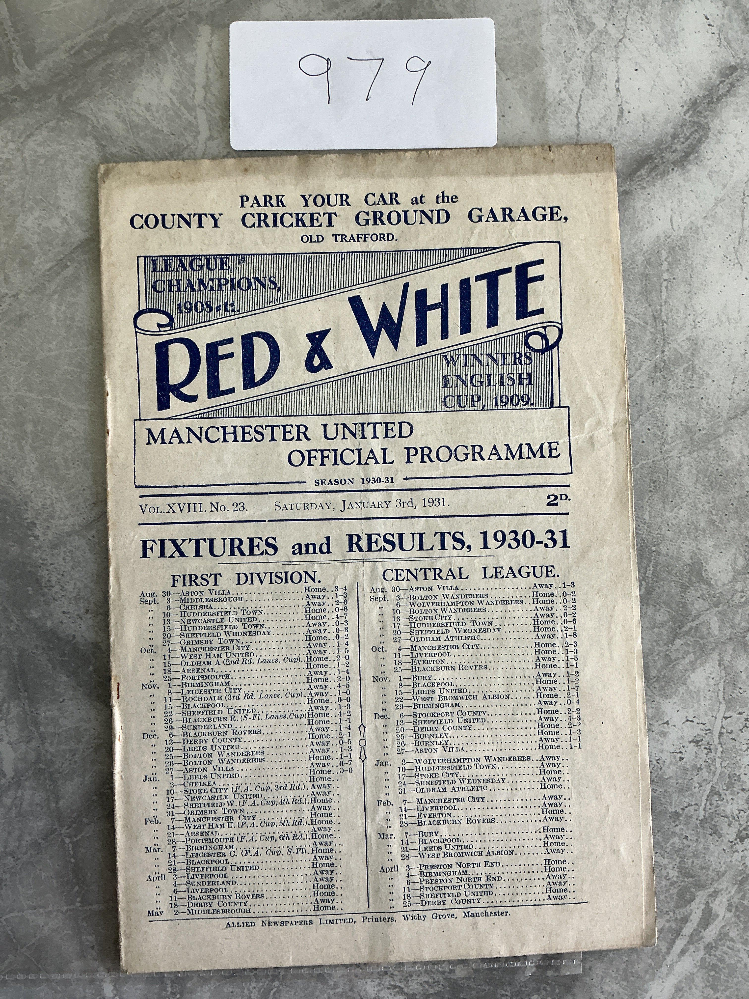 1930 - 1931 Manchester United v Chelsea Football Programme: Very good condition 8 page 1st Division programme with no team changes. Pencilled half times filled out inside.