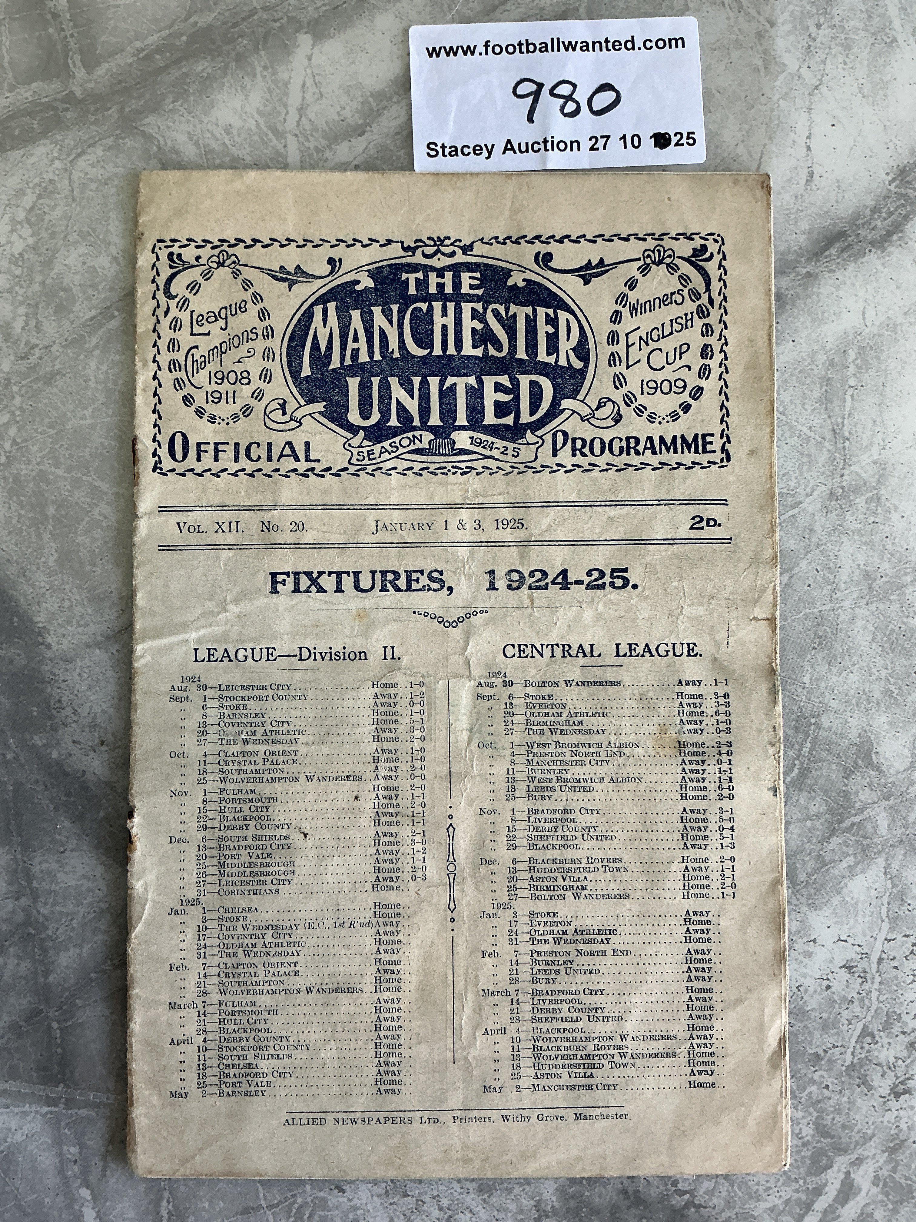1924 - 1925 Manchester United v Chelsea + Stoke City Football Programme: Fair/good condition 8 page 1st Division programme with no team changes covering two 1st team matches over new year. Additionally there is a team group of 1st team and reserves attached to centre which are unnumbered but part of the programme. Rusty staples holding firm. (1)