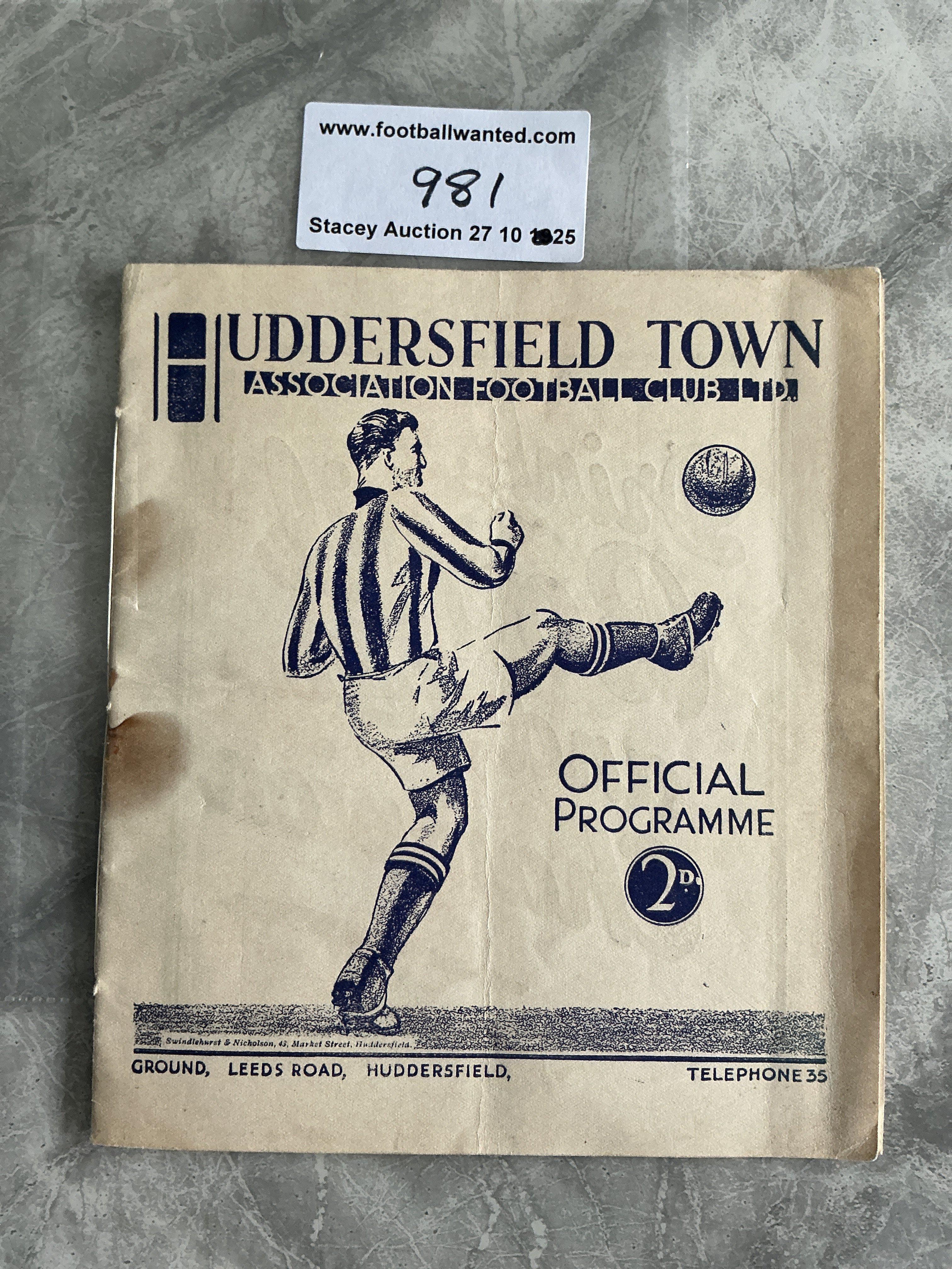 36/37 Huddersfield Town v Leeds United Football Programme: Rusty staple removed and string added to spine. No team changes. Condition is fair/good. Fold.