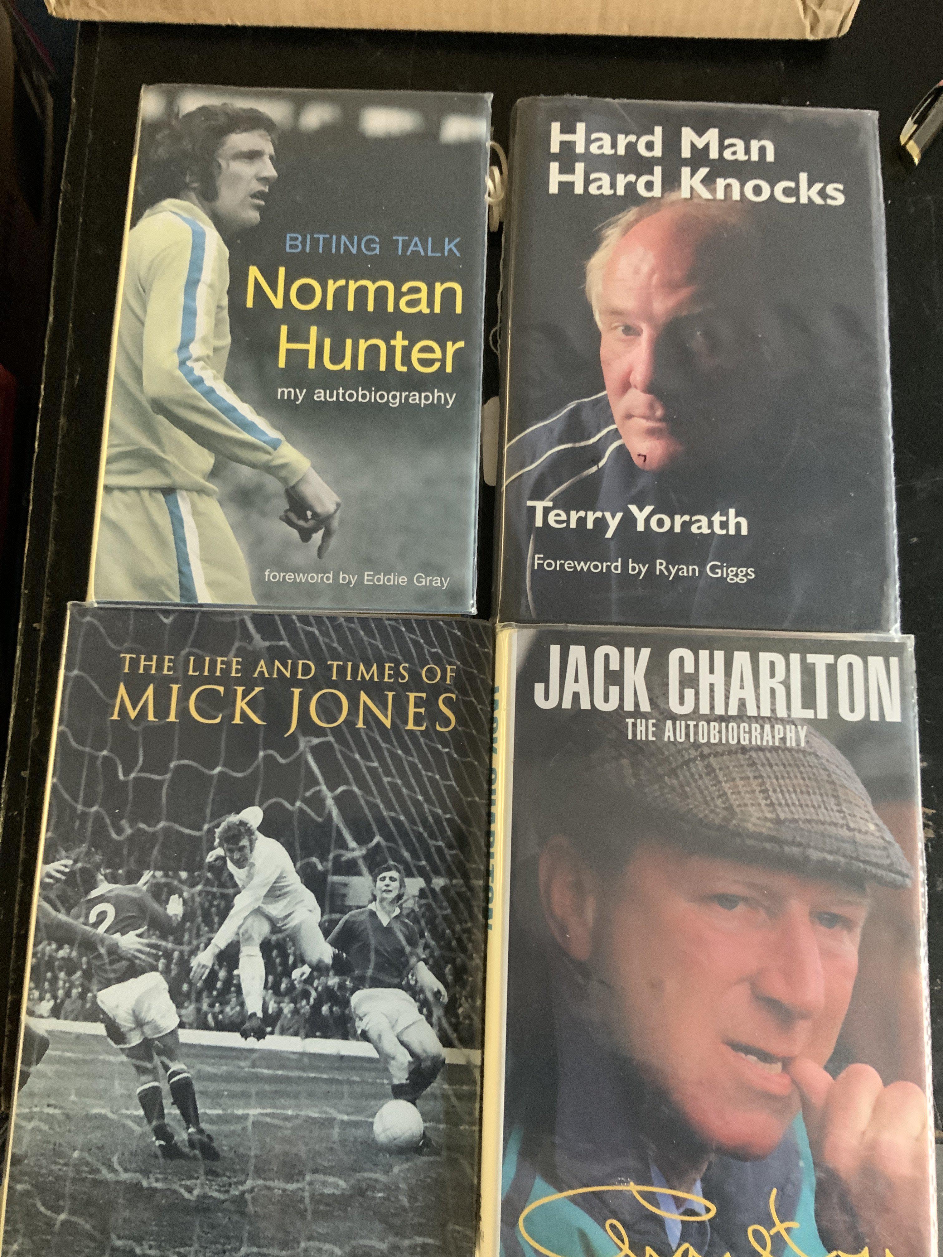 Leeds United Signed Football Books: Undedicated books signed by Mick Jones Norman Hunter Jack Charlton is stuck in and Terry Yorath is dedicated. (4)