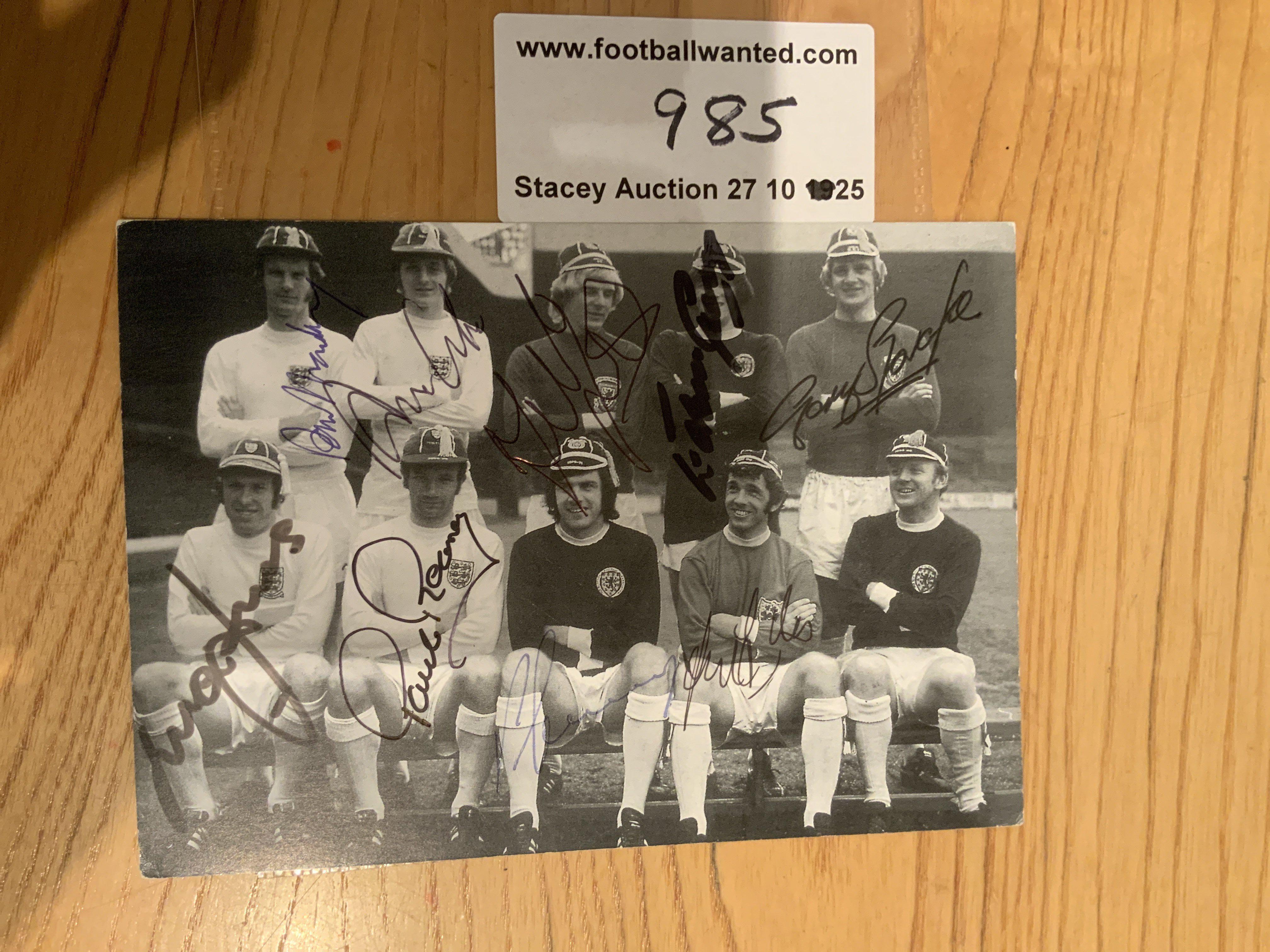 Leeds United Late 60s Signed International Cap Photo: 8 players pictured on a postcard wearing the National teams caps they have just been awarded. Line up is Madeley Clarke Yorath Gray Sprake Jones Reaney Lorimer Giles and Bremner. Only Bremner has not hand signed this card.