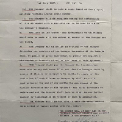 John Lyalls 1985 West Ham Football Managers Contract: In the season where West Ham achieved their highest place in division one. Includes some personal wranglings with the board after they blocked his lucrative move to QPR. The family do not wish to publish these but are willing to pass onto the buyer and would like them to remain in confidence. Details annual salary etc.
