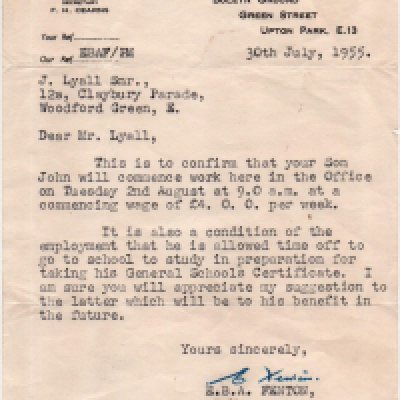 John Lyalls 1955 West Ham Letter Of Commencement Contract: 70 year old document which changed West Hams history. Signed by Ted Fenton dated 30 7 1955 to Mr Lyall ( Johns father ) stating his son John can start work on 2 8 1955 at 9am starting on a weekly wage of 4 pounds. He can also take time off to study at school.