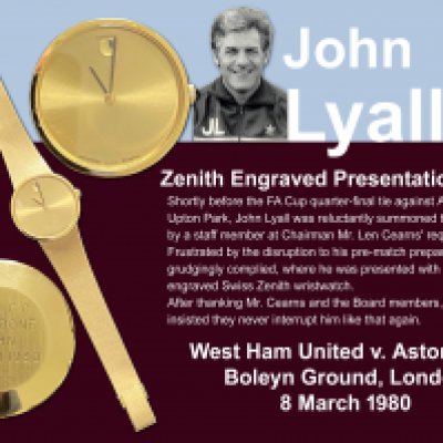 John Lyalls 1980 Gold Watch Gift From West Ham: Zenith 18ct gold watch presented by the board of directors. Engraved WHUFC Well Done John March 1980. A letter and COA from the family explains this was not just for beating Arsenal on the way to winning the FA Cup final.