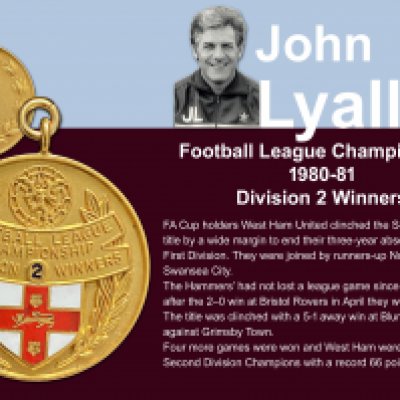 John Lyalls West Ham 80/81 League Winners Gold Medal: 9ct Division Two Championship gold medal in original Vaughtons Ltd Box. Stunning piece of West Ham history with COA from the family.