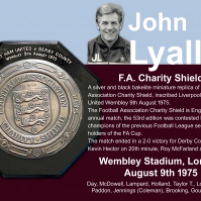 1975 Charity Shield Plaque West Ham v Derby: Superb item awarded to manager John Lyall with match details to surrounding. The inner silver coloured plaque has the words Football Association Charity Shield around the 3 lions emblem. Slight damage. COA from family.