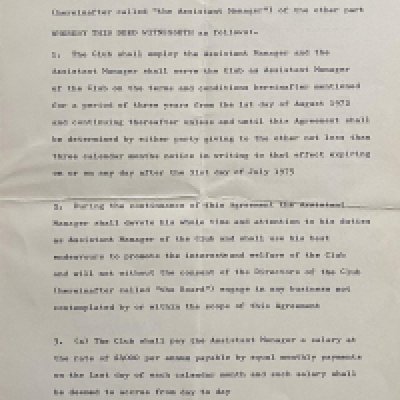 John Lyalls 1972 West Ham Assistant Football Managers Contract: This was the start of a glittering career with Lyalls first managers contract being assistant to Ron Greenwood. Signed by Director Reg Pratt and secretary Eddie Chapman.