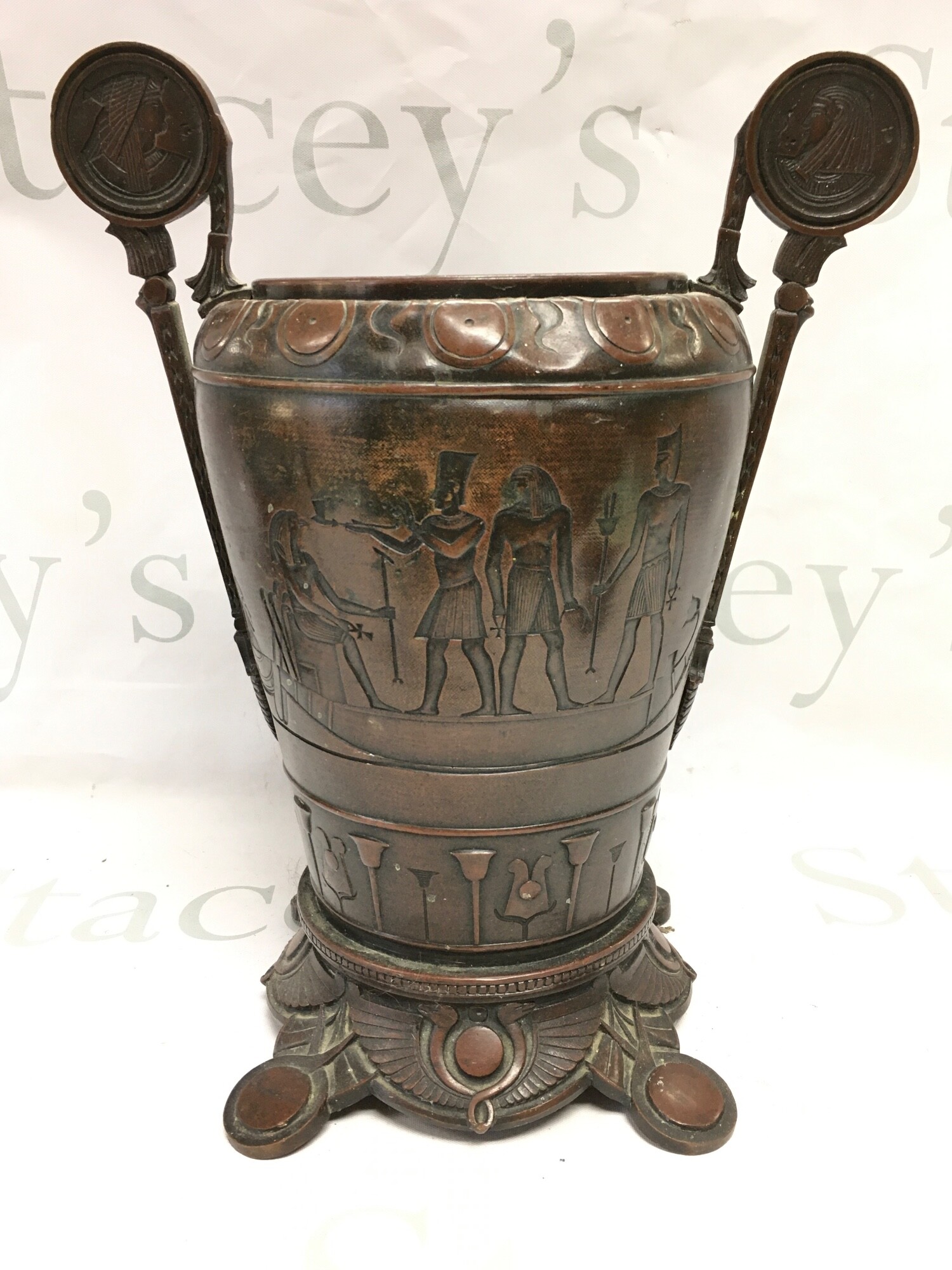 A late 19th bronze urn, Egyptian style (no lid). 29cm tall.