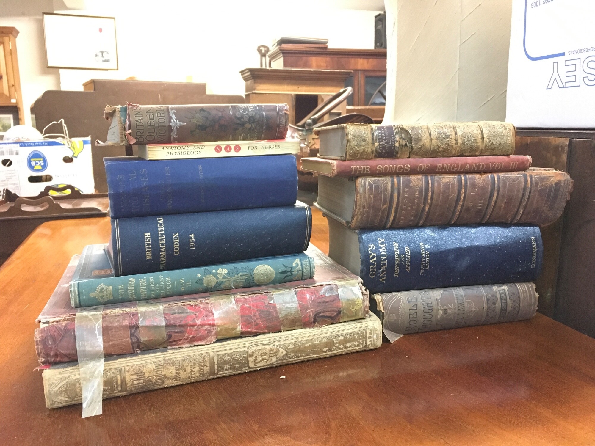 A collection of books some 19th century books. Books including Britains Queen Victoria, The Victorian Empire The story of a brilliant Epoch, Grays Anatomy