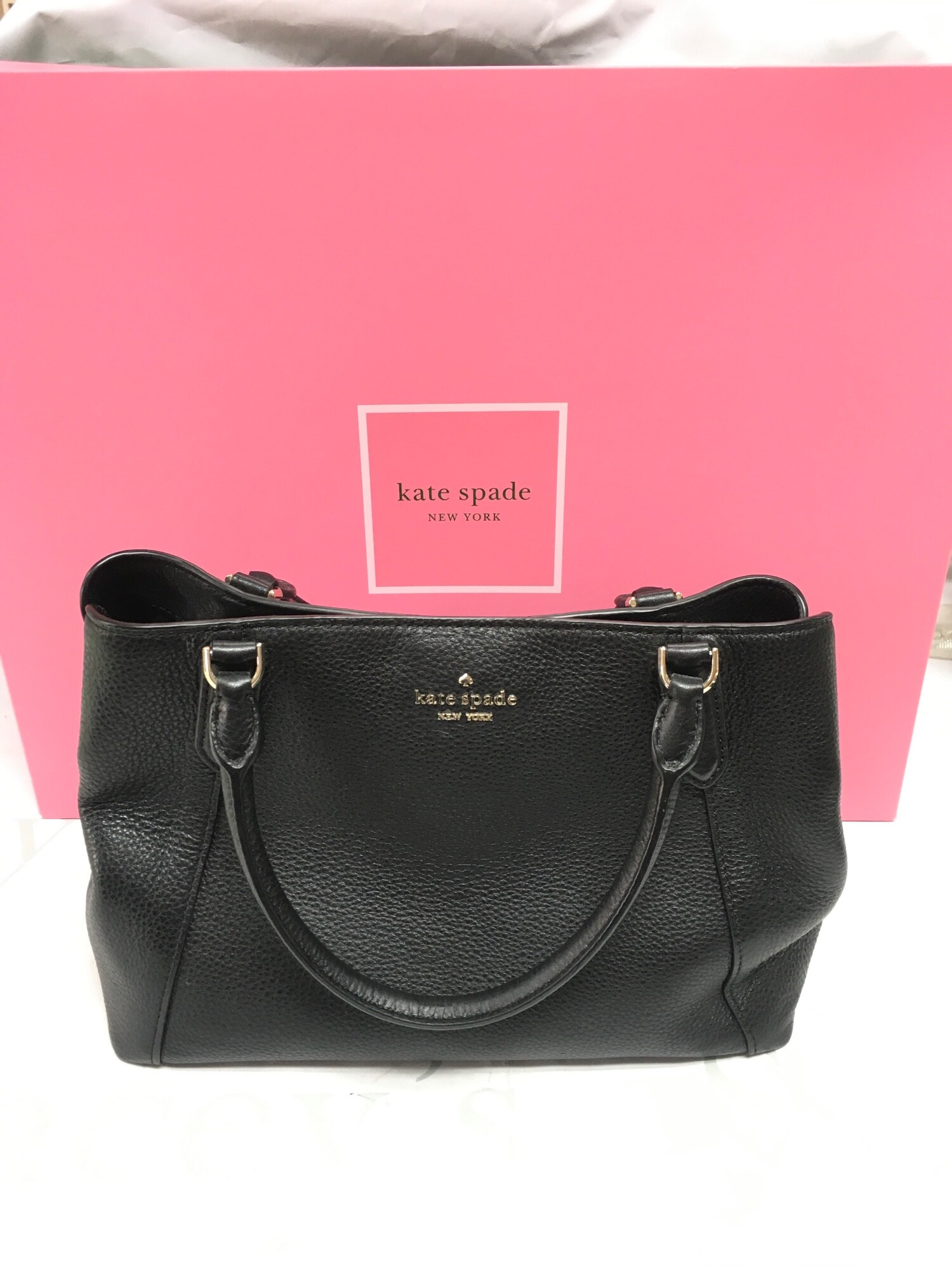 A Boxed Kate Spade New York Jackson Black Medium satchel hand bag with original packaging and spare strap.