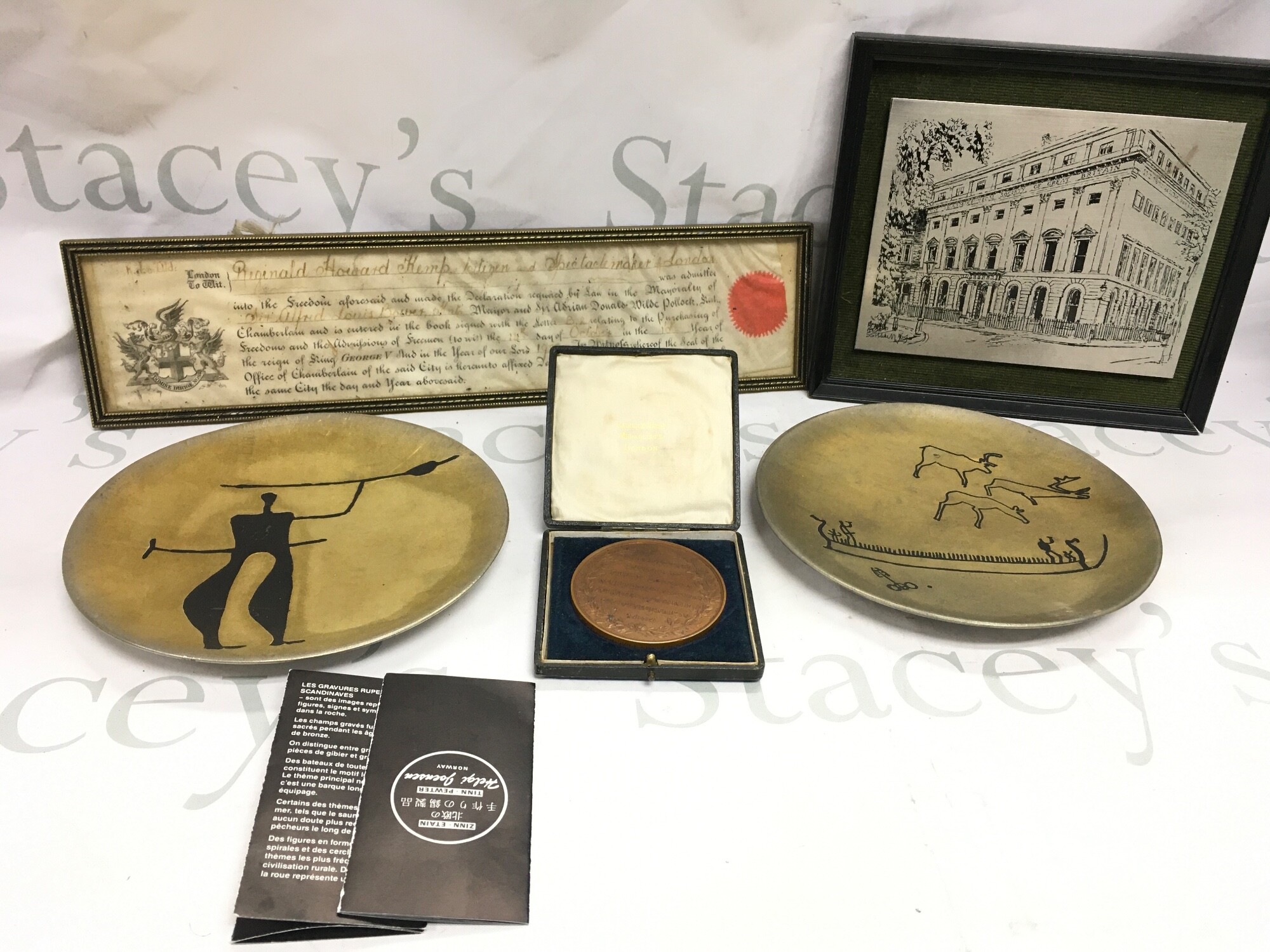 Victorian Pharmaceutical Society medallion presented to Reginald Howard Kemp Practical Chemistry 1919 with framed certificate , two Tinn Pewter Helgi Joesen Norway dishes , framed engraving.