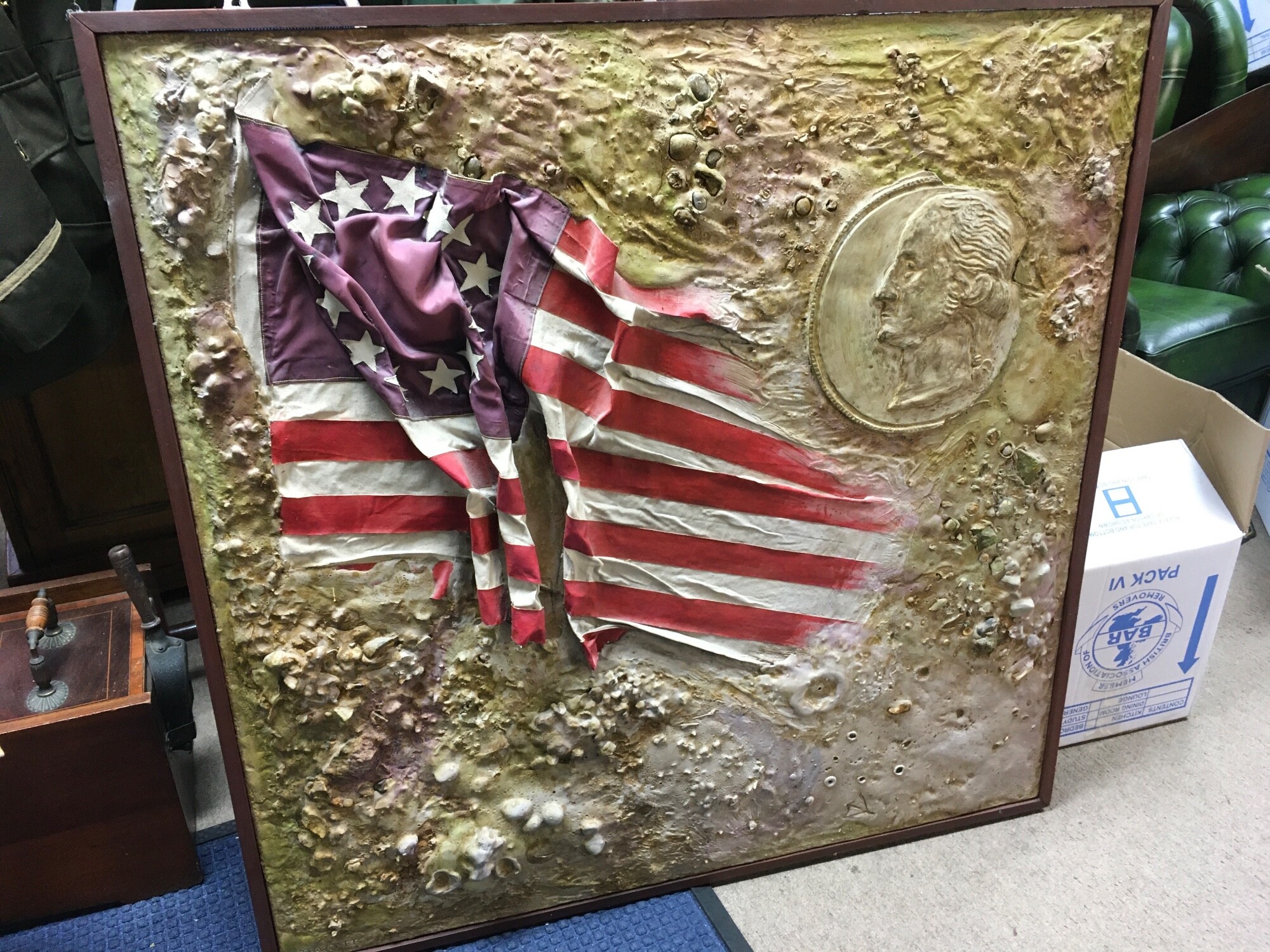 A contemporary composition American flag three dimensional picture to commemorate the founding fathers of America Signed by AJ Fawcett, dimensions 110x112cm