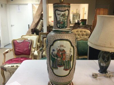 A 19th century Chinese export floor vase converted to a lamp, with damage and restoration