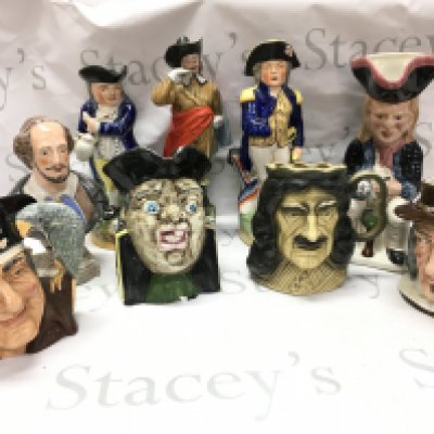 A collection of ceramic character jugs including Buccaneer by David Sharp , Royal Doulton Izaak Walton, Kingston pottery. NO RESERVE