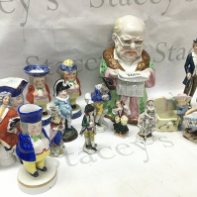 A collection of porcelain classical figures including a tobacco jar of a man reading The Times , miniature figures. NO RESERVE