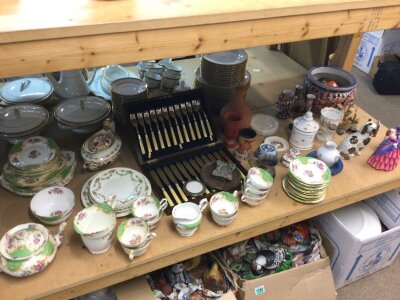 A collection of ceramics including a Paragon tea set, cutlery set, small silver hallmarked picture frames ,  Victorian lady Doulton figure, Imari vase , art glass ceramics etc