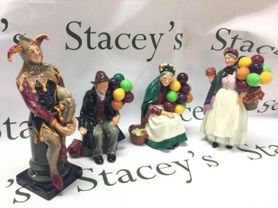 Four Royal Doulton figures including balloon figures including The Jester, The old Balloon seller etc