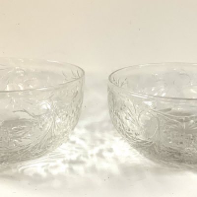 A pair of crystal finger bowls intaglio cut with flowers, attributed to Thomas Webb, Stourbridge. 12cm x 6cm.