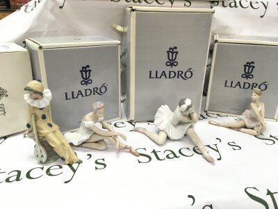 Boxed Lladro ballerina porcelain figures and a Nao Pierrot figure