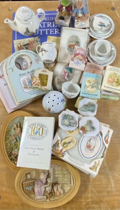 A collection of Beatrix Potter Peter Rabbit collectors items.