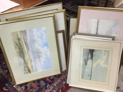 A large collection of framed watercolours by local artists and of local views including artists David Plested , Sybil Mullen Glover