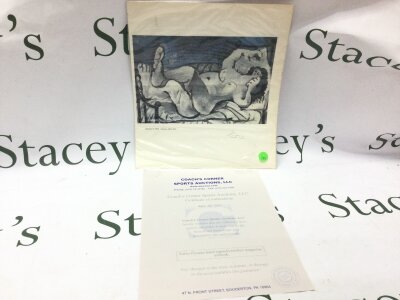 A Pablo Picasso hand signed certified magazine artwork with certificate from Coach’s Corner sports Auctions. Dimensions 27x30cm