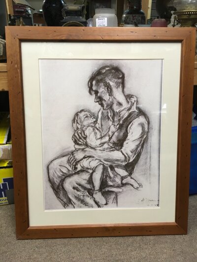 A framed print Tom McGuinness Miner and Child 1920-2006, frame size 58x68