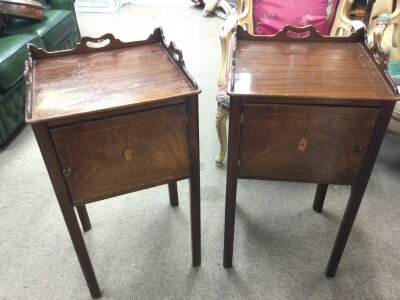 A pair of mahogany Georgian style bedside cabinets for restoration