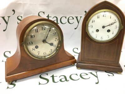 Edwardian mahogany inlaid mantle clock and a walnut mantle clock, 21 and 27cm tall.