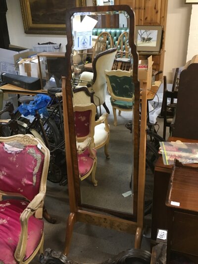 A walnut burr dressing mirror, 158cm tall