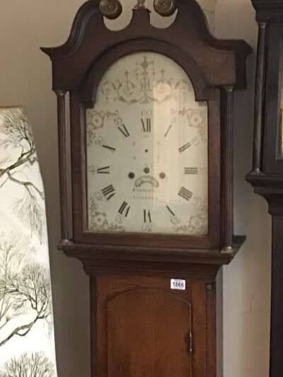 A 19th century oak longcase clock with an enamel dial maker R Tarleton Liverpool for restoration