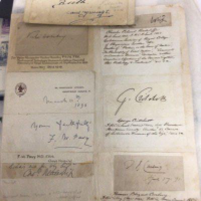 A collection of mixed used British Stamps including Victorian stamps other world stamps a collection of late Victorian and Edwardian autograph signatures including Sir Victor Alexander Haden Horsley Professor of Pathology FW Pavy MD FRS Guys Hospital and others. Other stamps and coin covers.  NO RESERVE