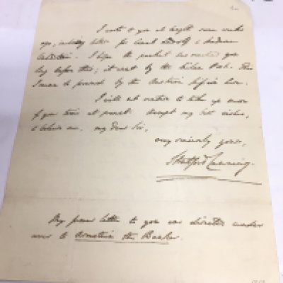 A handwritten letter from Stratford Canning dated 1817. Stratford Canning, 1st Viscount Stratford de Redcliffe, was a British diplomat who became best known as the longtime British Ambassador to the Ottoman Empire.