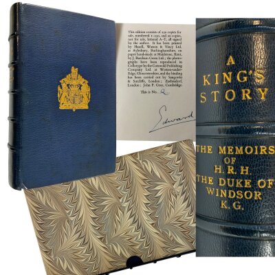Edward VIII, A King's Story, The Memoirs of H.R.H. The Duke of Windsor K.G., Cassel & Company, London 1951, blue morocco with gilt royal coat of arms, limited edition no. Q?/250, signed in blue ink. Hand cut pages, marbled slip cover.