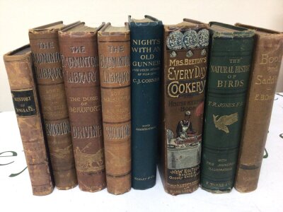 A collection of Early 20th century books The Natural History of birds by T R Jones FRS with two hundred black and white illustrations Mrs Bretons Everyday cook book 18th century leather bound book the History of England and other books.