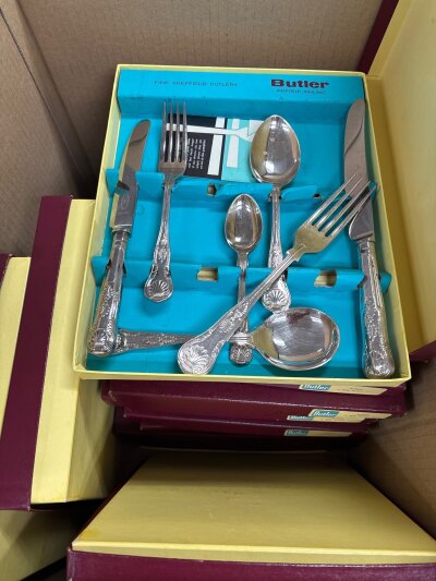 Butler Sheffield Plate cutlery (15 boxes) including knives, forks, spoons etc.