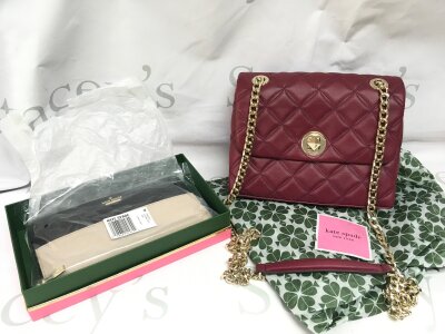 A Kate Spade New York Natalia quilted smooth leather medium flap shoulder bag in a red/blackberry and a Boxed Kate Spade Tusk Blade Lacey Cameron Street wallet with original packaging and cards