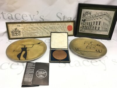 Victorian Pharmaceutical Society medallion presented to Reginald Howard Kemp Practical Chemistry 1919 with framed certificate , two Tinn Pewter Helgi Joesen Norway dishes , framed engraving.