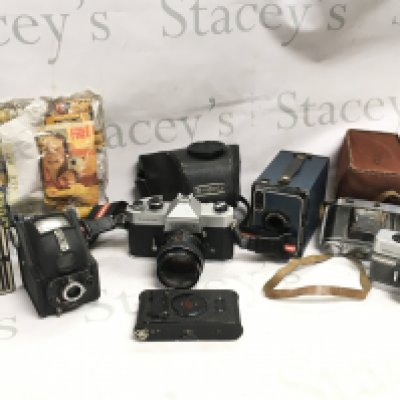 A collection of various vintage cameras including Kodak vest pocket camera no a 127, Ensign Ful Vue , Portrait brownie no 2 , SIX 20 brownie- NO RESERVE
