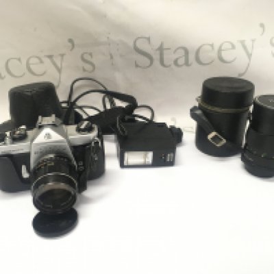 A Pentax spotmatic camera with 2 lenses and flash.- NO RESERVE