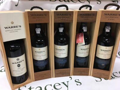 Five bottles of Warres vintage port including 2006, 2002,2003,2004,2008